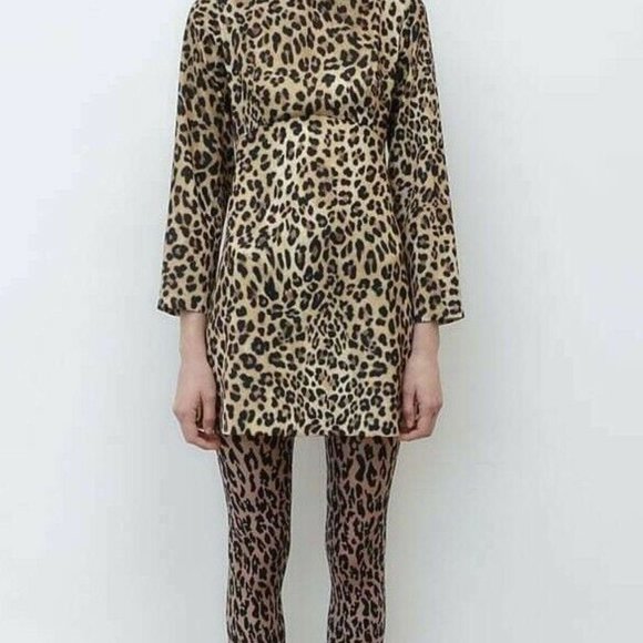 New ZARA S Small Mock Neck Animal Leopard Print Mini Short Dress - Picture 7 of 16